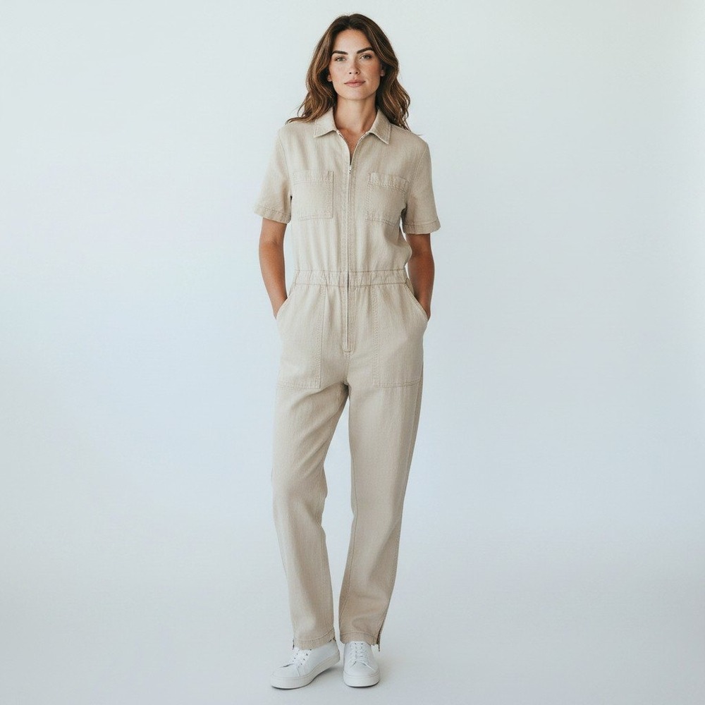 MATE the Label Womens Linen Utility Jumpsuit Sand Beige Short Sleeve Small
